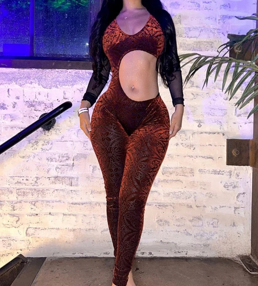 Jumpsuit Women 2024 Spring Fashion Flocking Mesh Patchwork Sexy Waist Hollow Long Sleeved U-Neck Skinny Daily Long Jumpsuit