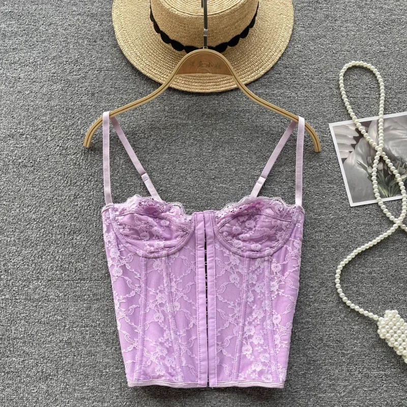 Women Camisole Tops Skinny Backless Multi-color Embroidery Lace Spaghetti Strap Fishbone