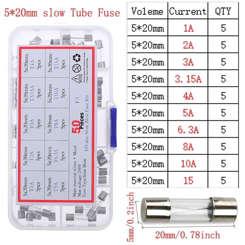 5x20 5x25 6x30 3.6x10mm Slow Fast Blow Glass Ceramic Fuse With Lead Wire Mix kit 0.1A0.2A0.5A1A2A3.15A4A5A6.3A8A10A15A16A20A30A glass fuse kit