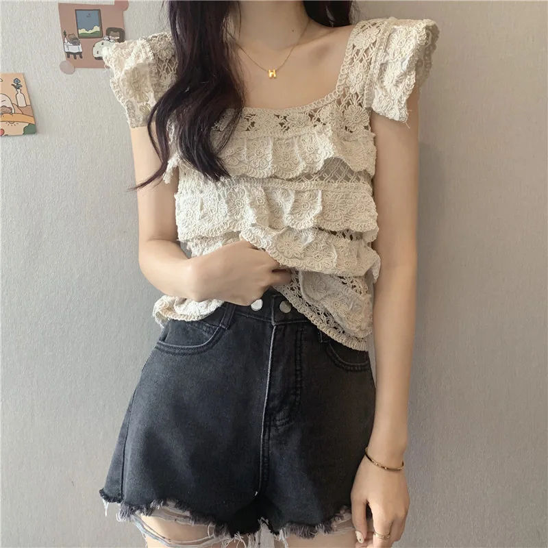 New Square Neck Ruffled Lace Shirt Women's Summer All-match Design Hollow Out Vest Sweet Girls Sleeveless Tank Top