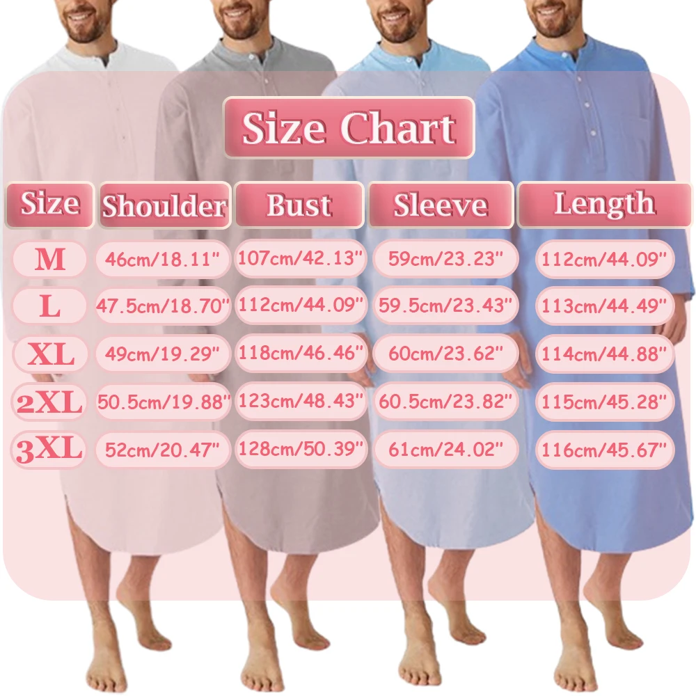 Men's Casual Long Nightgown Robe Solid Color Long Sleeve Night Dress Loose Long Shirt Bathrobe Kaftan Thobe with Pocket Homewear