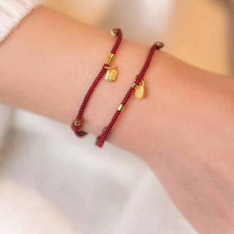 Handmade Gold Color Fu Blessing Size Adjust Bracelet Women Men Red String Hand Woven Bangles Drop Shipping 5