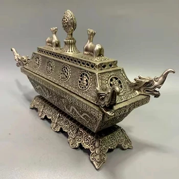 Nice Oblong Incense Burner Blessing Censer Mascot Ancient Craft Display Excellent Patterned Divine Beast Tibetan Silver