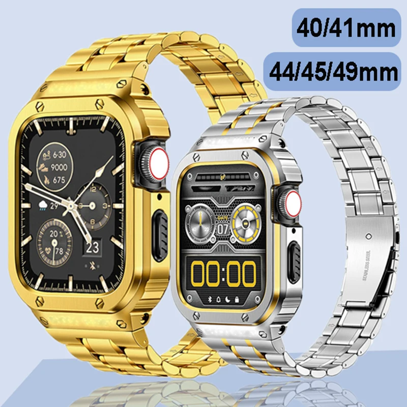 Premium Stainless Steel Metal Case Strap for Apple Watch - Enhanced Modification Kit