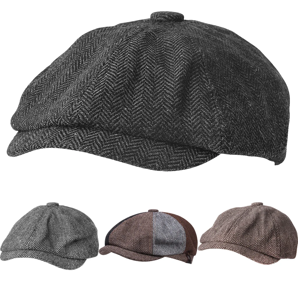 Retro Tweed Beret Hat Men Gatsby Beret Hats Street Caps Peaked Octagonal with Brim Caps Winter Spring Hip Hop Beret Hat Woolen Beret