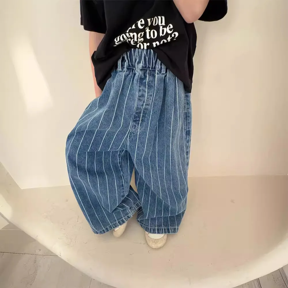 

Children Clothing Pant 2024 Spring Summer New Korean Styleof Striped Denim Pants for Boys and Girls Children Loose Casual Pants