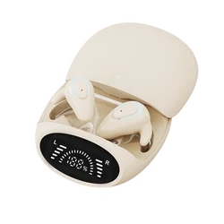 Compact Bluetooth Earbuds with Digital Display - Extended Playtime (Beige)