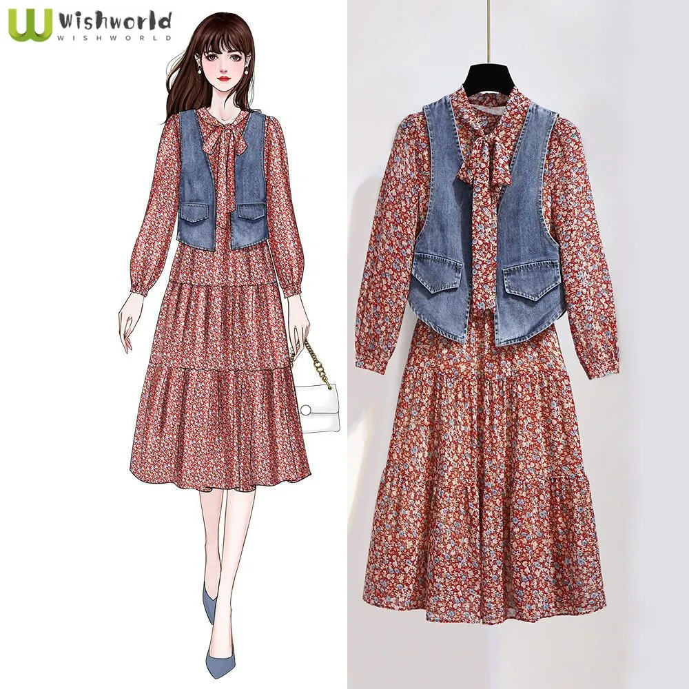 Spring and Summer New Slimming High Waisted Denim Vest+9-inch Sleeve Printed Chiffon Dress for Age Reduction Two-piece Set