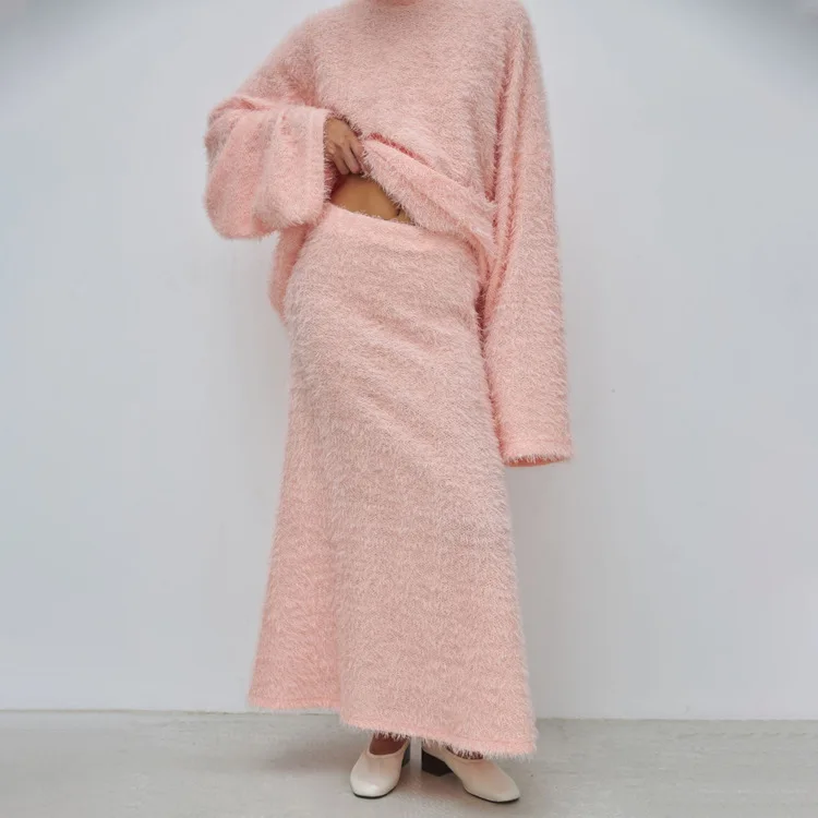 TRAUXY Autumn Winter Plush Knitted Suit Women's Long Sleeve O-Neck Pullover Top Long Skirts Two Piece Sets Solid Female Elegant