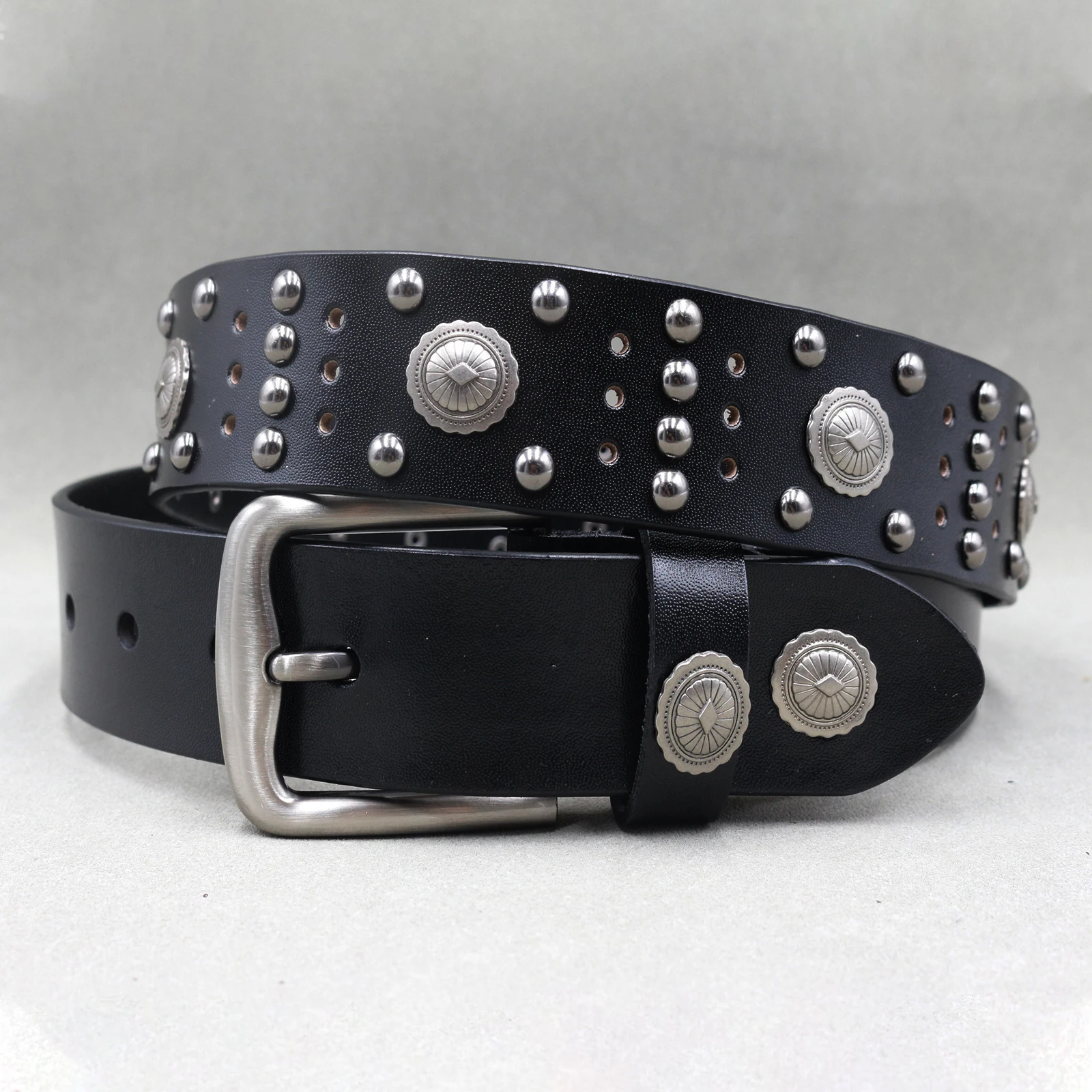 Metal Rivet Cowboy Belt Genuine Leather Cowskin Men Belt Punk Rivet ...