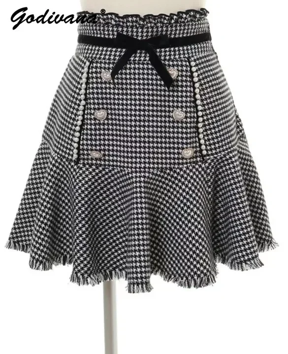 Retro Liz Houndstooth Skirt for Women Autumn Winter Velvet Bow High Waist Slim Fishtail Skirt Japanese Lolita Ruffled Skirts