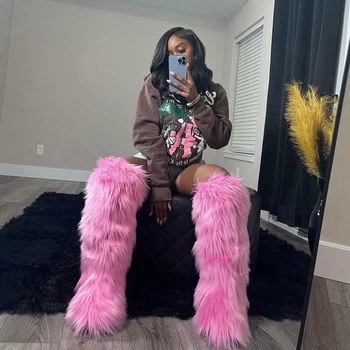 Winter Women Snow Boots Faux Fur Long Boots Warm Plush Platform Knee-high Boot Outdoor Furry Cute Over-the-knee Boots Girls Y2K 1