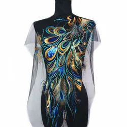 Elegant Sequin Embroidered Peacock Feather Lace Trim (Blue)