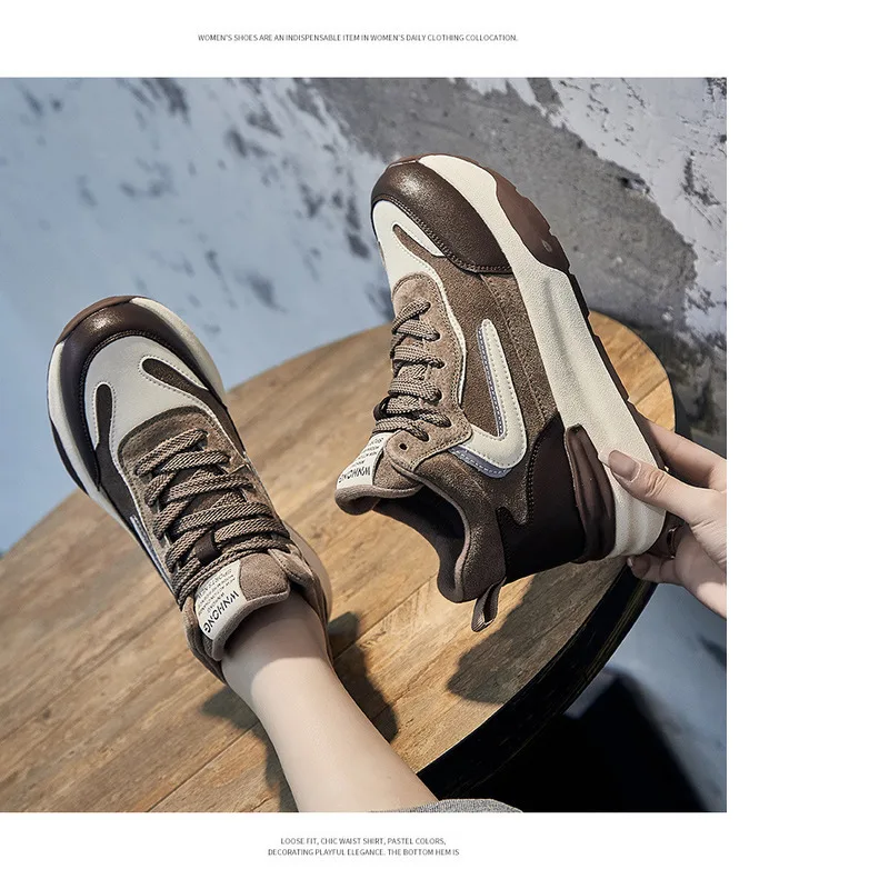 Women's Genuine Leather High Top Dad Shoes Thick Sole Trainers_voghion.com