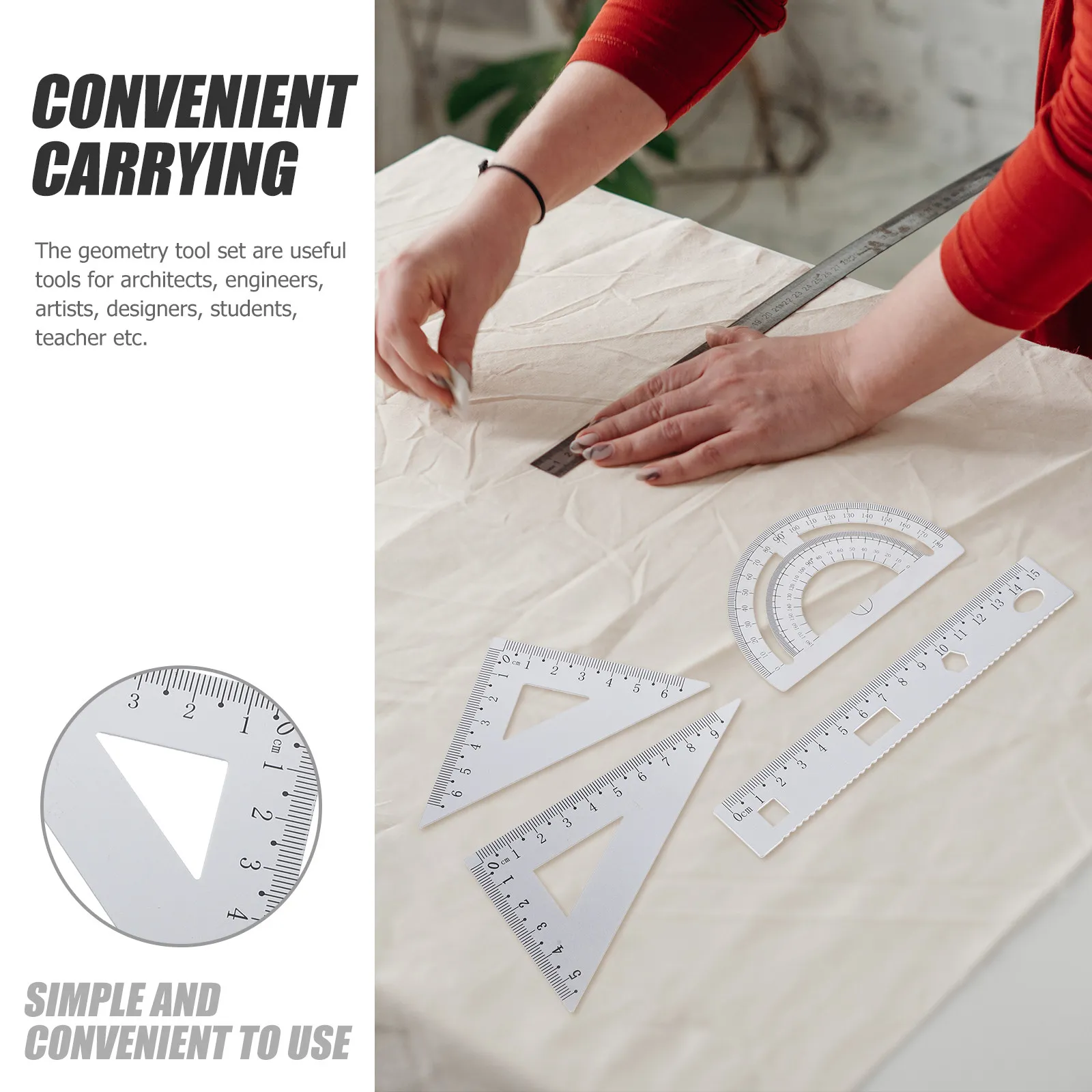 1세트 금속 자 세트 휴대용 학생용 학교 문구 세트에는 삼각형 플레이트 각도기, 은색 자, 각도기 포함