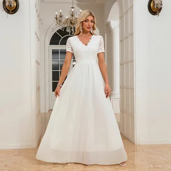 Abito lungo con scollo a V aderente in vita in chiffon con bordi in pizzo 2025 per abiti da sposa e da sera Abito estivo Robe Vestido Donna