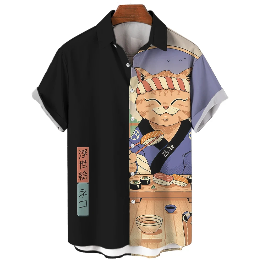 Fashion Men\'s Shirt Cool Samurai Cat Tops Summer New Men\'s Clothing Casual Short-Sleeved Buttons Loose Blouse Hawaiian Shirts