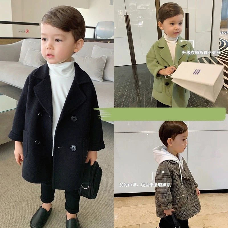 Spring Autumn Boys Jackets Child Girl Woolen Double-breasted Baby Trench Coat Lapel Kids Outerwear Winter Wool Overcoat