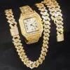 3pcs Men's Watch Set Hip-hop Punk Inlay Diamond Square Watch+Cuban Chain+Bracelet Comes With Strap Adjuster Stylish Jewelry Gift 1