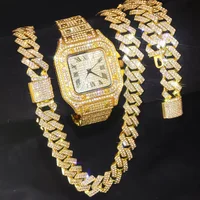 3pcs Men's Watch Set Hip-hop Punk Inlay Diamond Square Watch+Cuban Chain+Bracelet Comes With Strap Adjuster Stylish Jewelry Gift 1