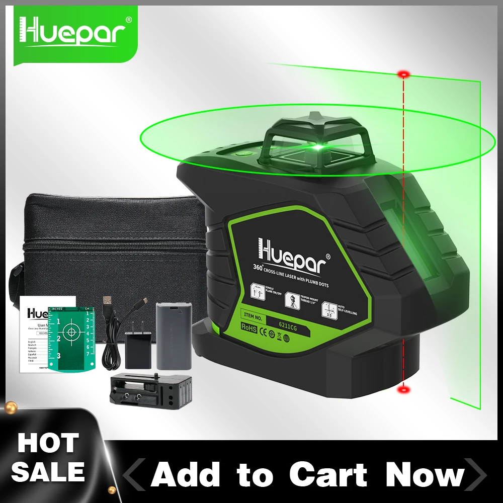 Huepar 6211CG Green Laser Level Self-Leveling Cross Line with 2 Plumb Dots Li-ion Battery 360° Coverage Laser Lines Tool