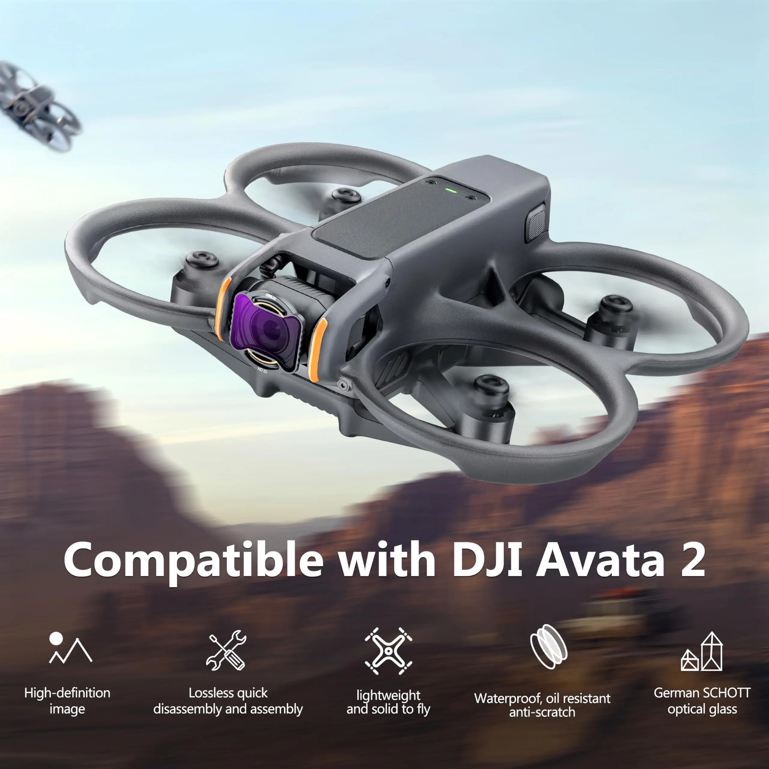 Montage du filtre CPL sur l'objectif du DJI Avata 2 avec le kit STARTRC