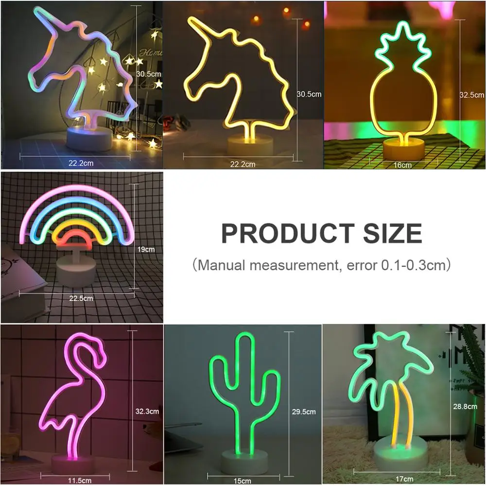 LED Night Lamp USB Flamingo Cactus Neon Sign Light Pineapple Coconut Tree Unicorn Bulb Home Bedroom Closet Study Bedside Table