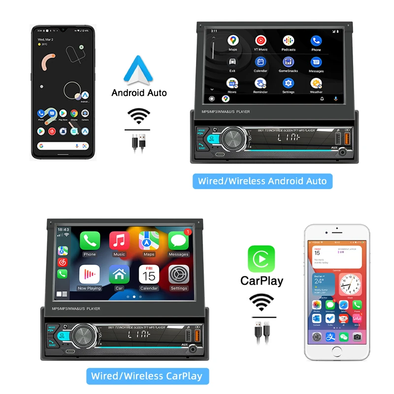 Autoradio 1 DIN Avec CarPlay Sans Fil & Android Auto - Écran Tactile Rétractable 7 Pouces Bluetooth + Caméra De Recul