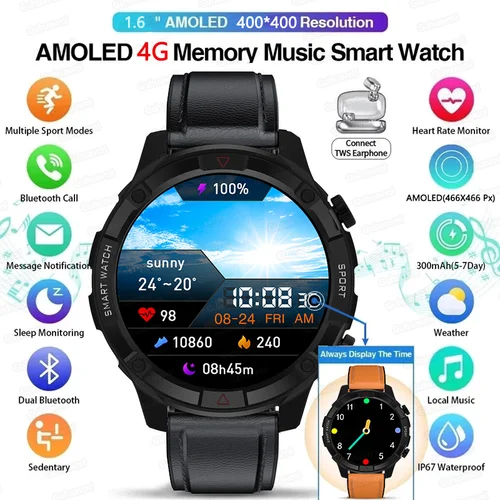 스마트 워치 남성용 4G 메모리 로컬 음악 플레이어, AMOLED 스크린, 블루투스 통화, 스포츠맨 스마트워치, 안드로이드 iOS, 454*454, 신제품 2