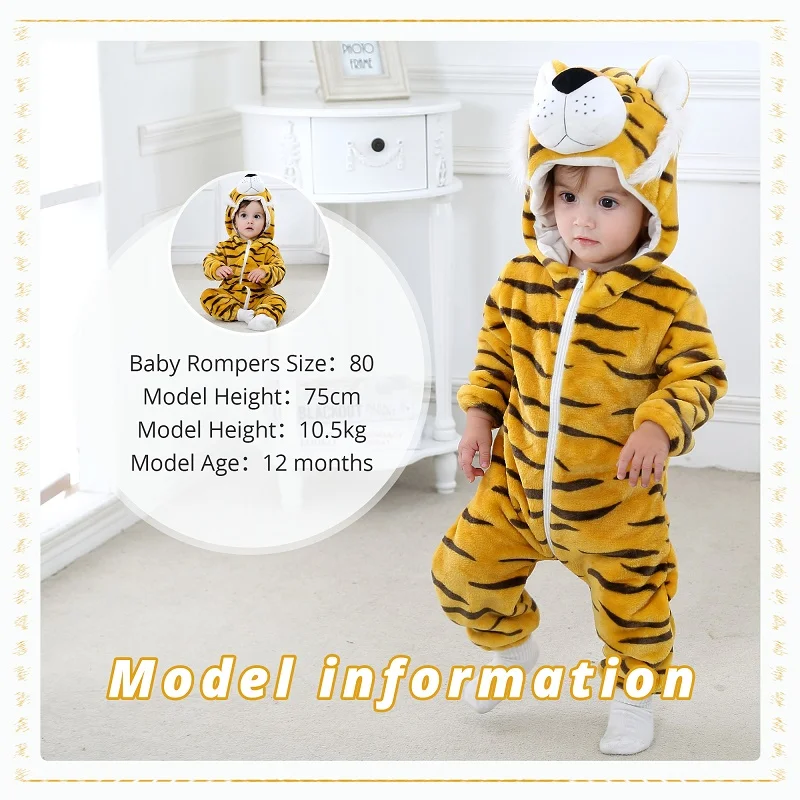 MICHLEY Halloween Tiger Winter Baby Rompers Clothes Costume Hooded Flannel Bodysuits Pajamas Overall For Boys Unisex 2-36 Months