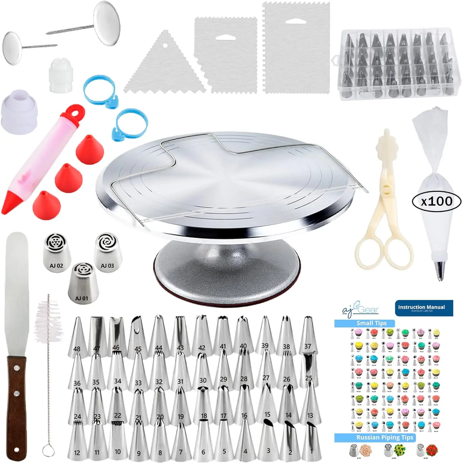 

Piece Cake Decorating Kit Supplies | Aluminum Rotating Cake Turntable Stand, Frosting & Piping Bags Tips Set, Icing Spatula, Hor