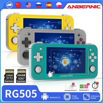 ANBERNIC 레트로 핸드헬드 게임 콘솔, 4.95 인치 OLED 터치 스크린, 안드로이드 12, T618, 64 비트, 홀 조이스틱 4000 + 게임 내장, RG505