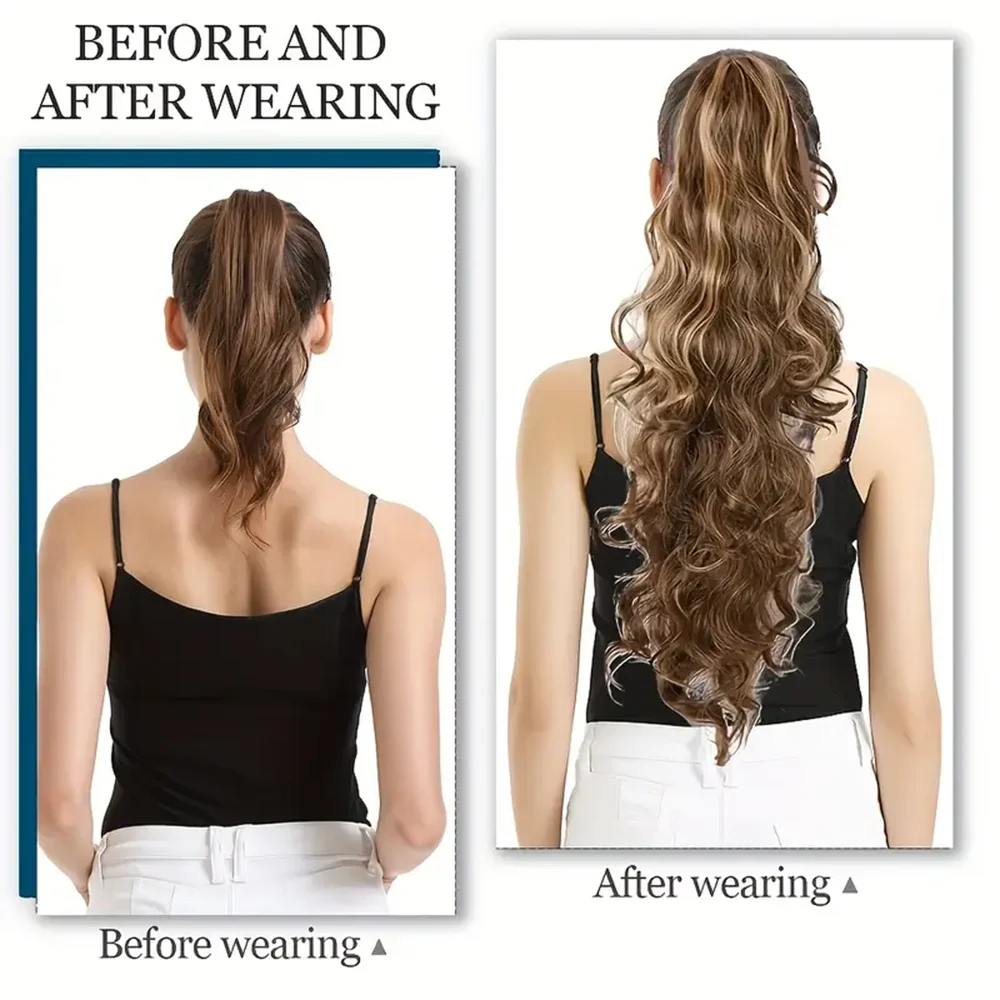 30 Inch Black Ponytail Long Wavy Synthetic Ponytail Hair Extension Heat Resistant Fiber Clip in Hairpiece for Women Daily Use