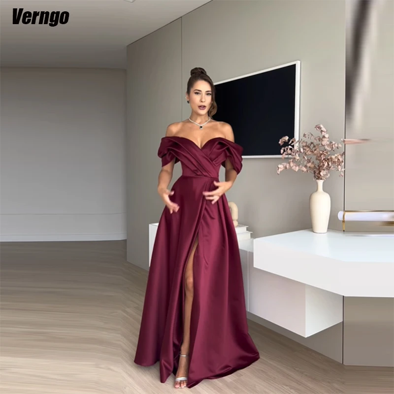 

Verngo A-line Off Shoulder Prom Dress Satin Evening Party Gown Split Long Formal Occasion Dress Robes De Soirée