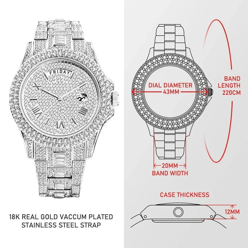 MISSFOX Guldklocka för män Mode Hip Hop Iced Diamond Automatisk kalendervecka Vattentät Quartz Armbandsur Man Reloj_voghion.com
