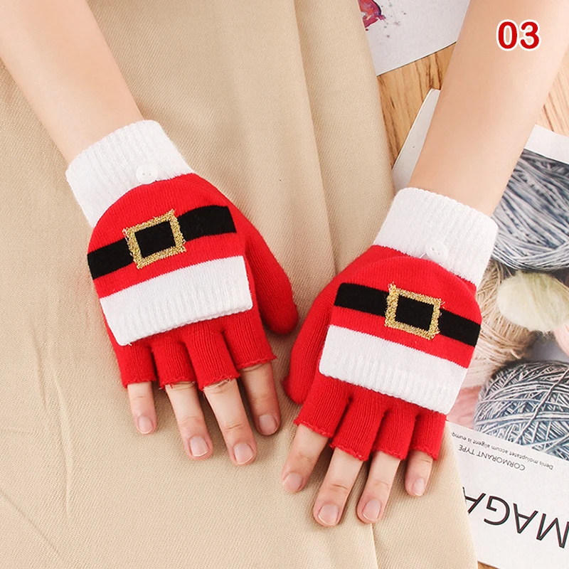 

Girls Women Ladies Hand Wrist Warmer Fingerless Gloves Christmas Gloves Santa Claus Pattern Women Gloves Knitted Flip Top Gloves