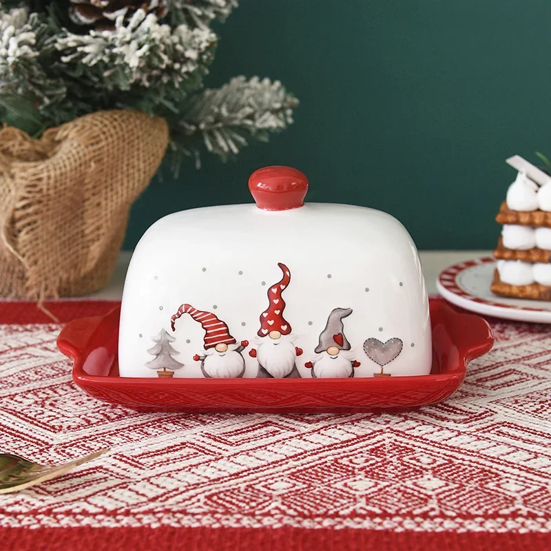 Ceramic Butter Dish Nordic Santa Claus Elk Cakes Sweets Desserts Plate Butter Plates Cheese Tray Tableware Christmas Food Tray butter storage box
