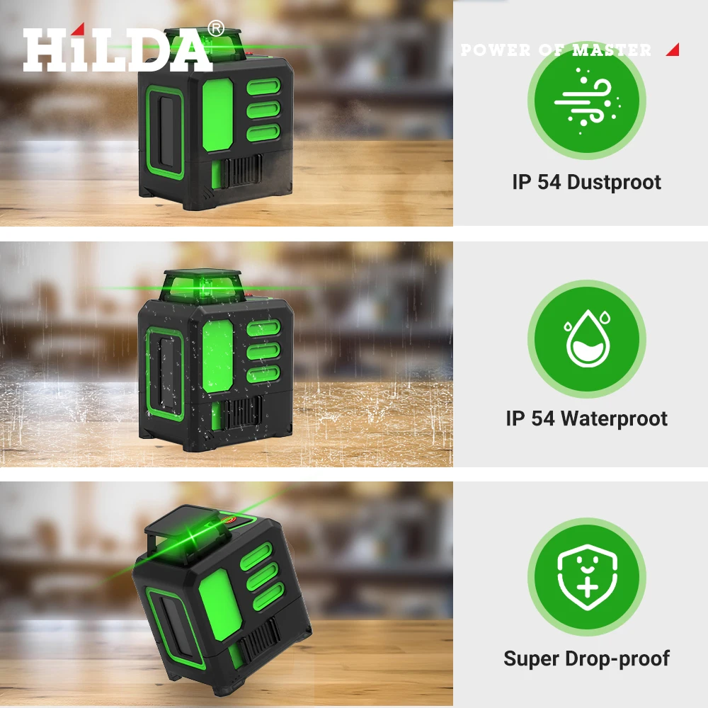 Laser level HILDA Laser Level Green 5 Lines Level Ip55 15M Self-Leveling Horizontal & Vertical Cross Measuring Tools