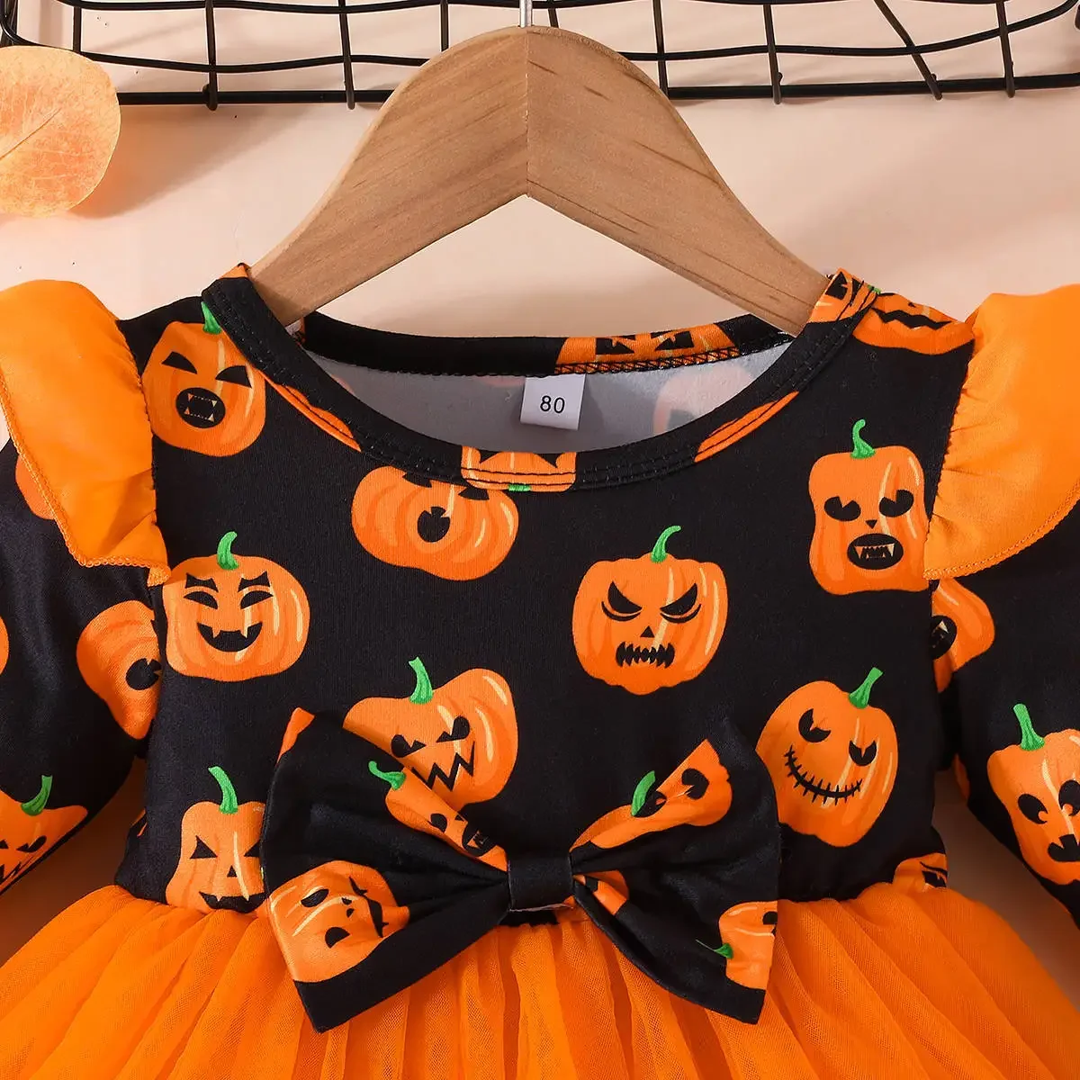 Spring and autumn fashion sweet girl Halloween pumpkin long sleeve gauze skirt simple foreign style dress