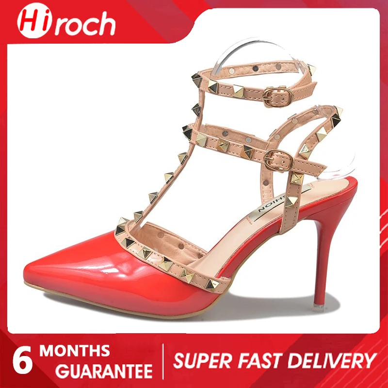 

HiRoch Summer Ladies Rivets Nude High Heels Pointed Stiletto Sexy Sandals Nighclub Women's Shoes Chaussure Femme Party Red