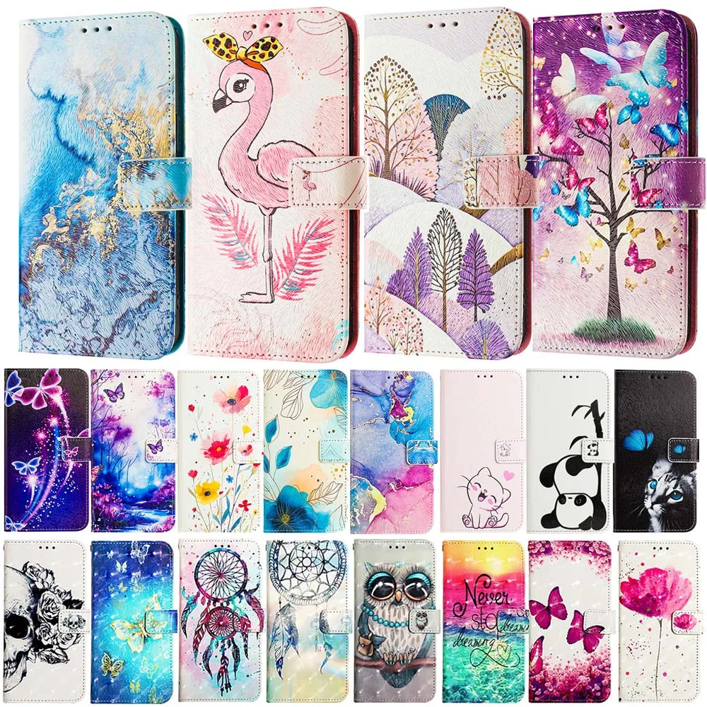 Cartoon Painted Leather Flip Wallet Phone Case with Card Slot Holder