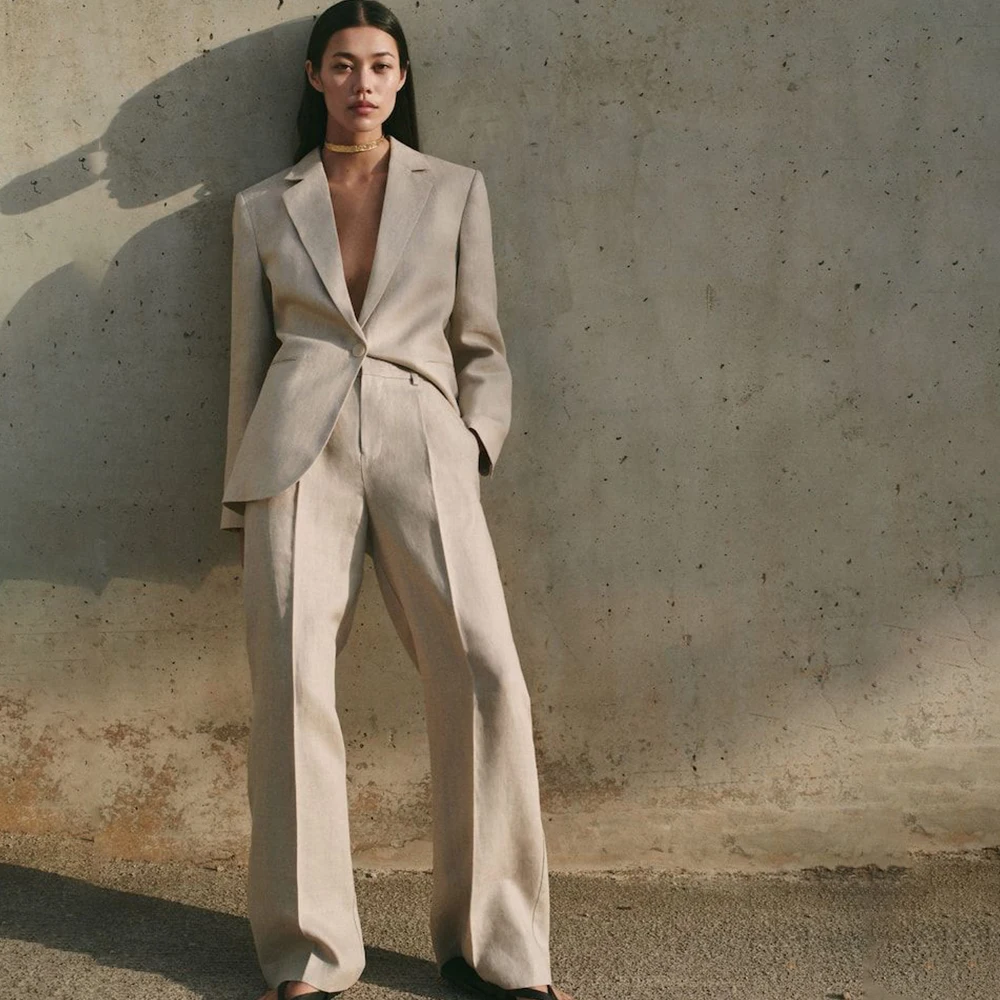 

Flat Collar Elegant 2-piece Sets for Women Loose Women's Suit Linen Full Sleeves Jacket Blazer Pants Single Breasted Casual