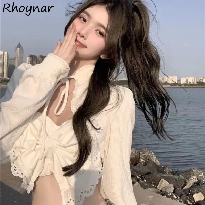 

Women 2 Pieces Sets Ins Hotsweet Sexy Girls Y2k Young New Fashion Crop Tops Korean Style Bow Camis + Long Sleeve Sunscreen Smock