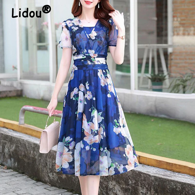 ElegantFashionFloralPrintVNeckShortSleevePartyDressesfor