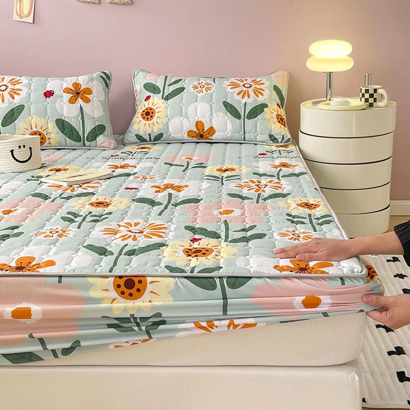 NewThickenQuiltedMattressCoverKingBedFittedBedSheetAnti