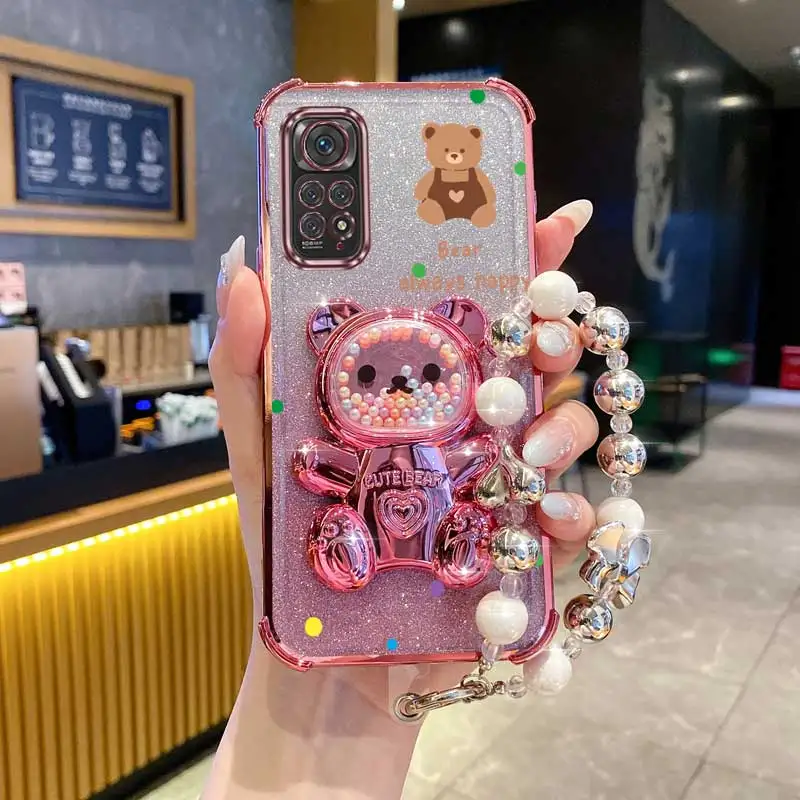 Pearl Glitter Bear Phone Holder Case with Strap