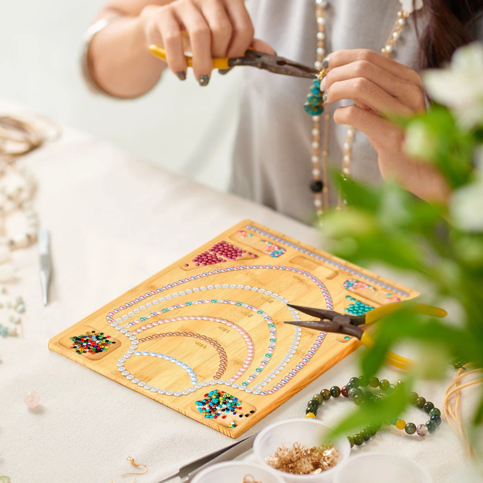 Beaded Board Necklace Measure Plate Bamboo Beading Tray Jewelry Design Crafting Tool for DIY Bracelet Necklaces Making WorkBench