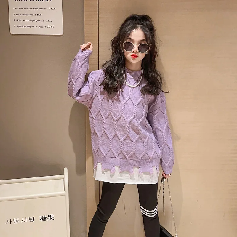 

Fashion Children's Clothing Autumn Winter Thick Warm Knit Sweater Girls Clothes Round Neck Jacquard Design Pullover Top 4-14 Yrs