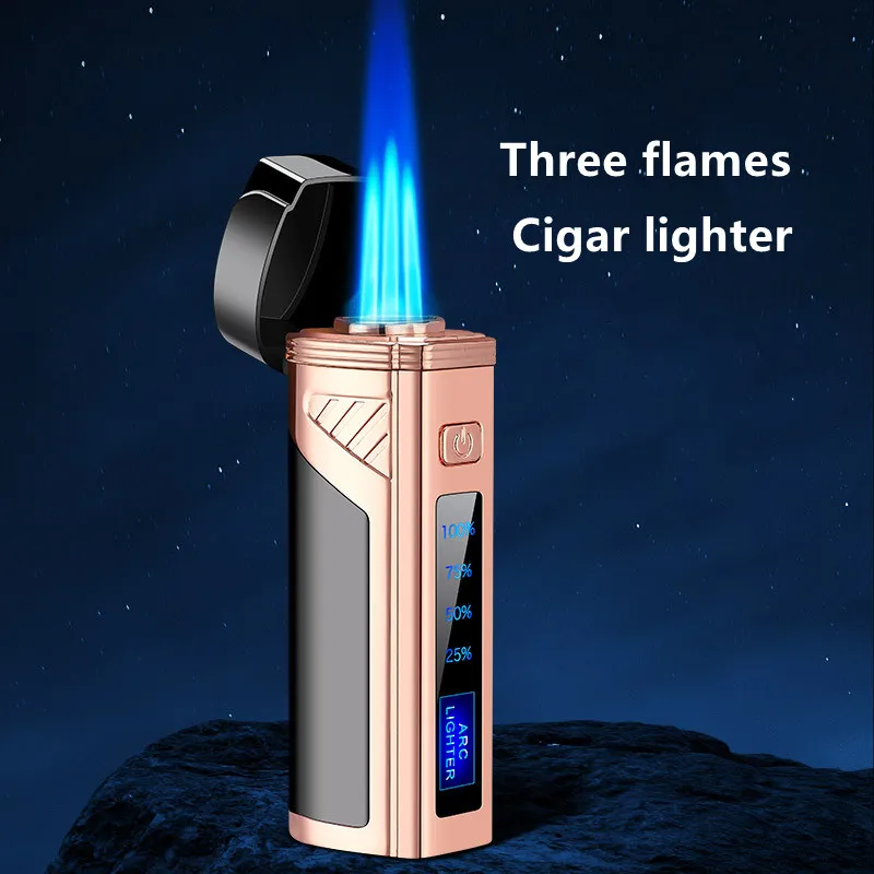 New Touch Sensing Metal Outdoor Windproof Electric USB Lighter Turbo Three Torch Jet Power Display Cigar Lighter Cigar Tool