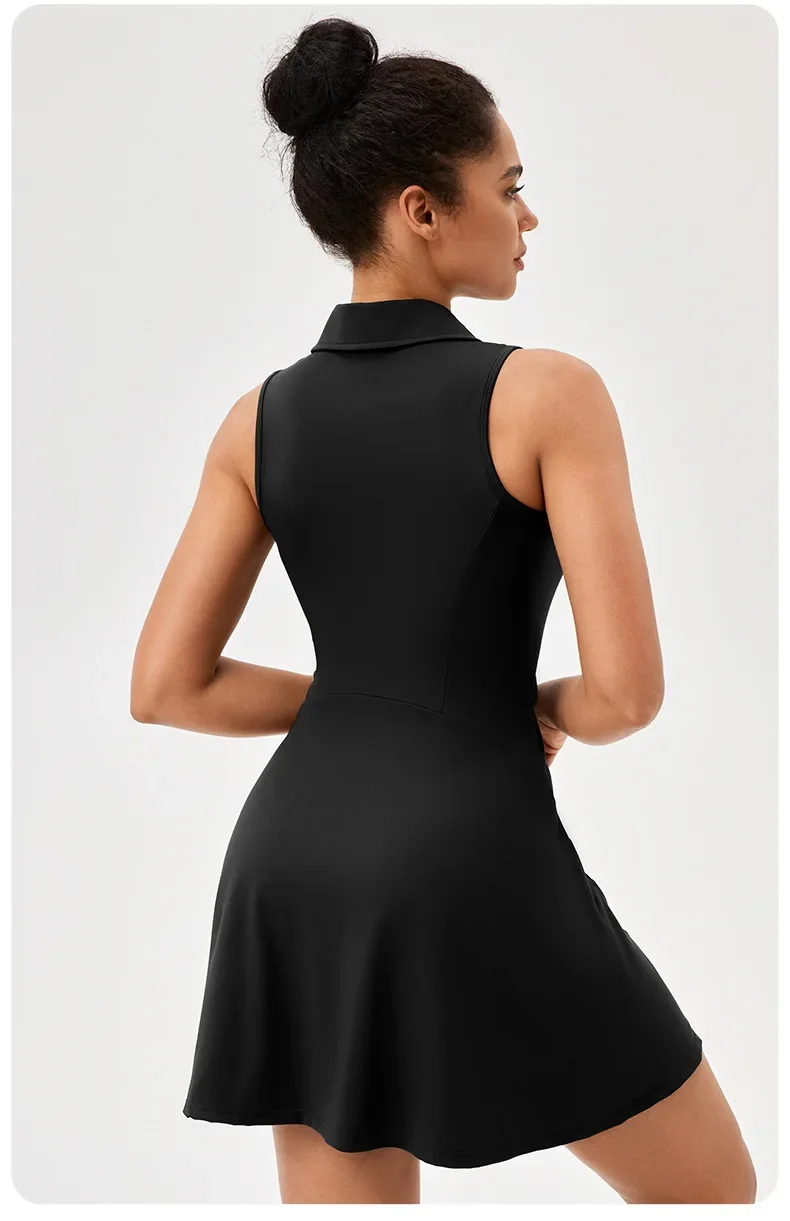 Women Summer Tennis Dress Solid Color Lapel Slim Fit Running Skirt Breathable Golf Dress Yoga Wear Workout Clothes